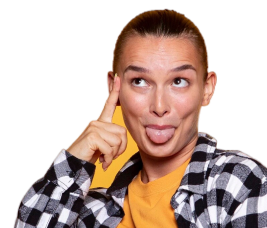 Front view of a woman with a cheeky expression wearing a checkered shirt